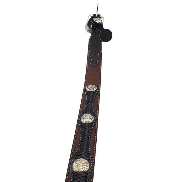 Justin Brown Black Leather Belt Braided Western Conchos Silver Tooled Buckle 30 - Picture 11 of 13